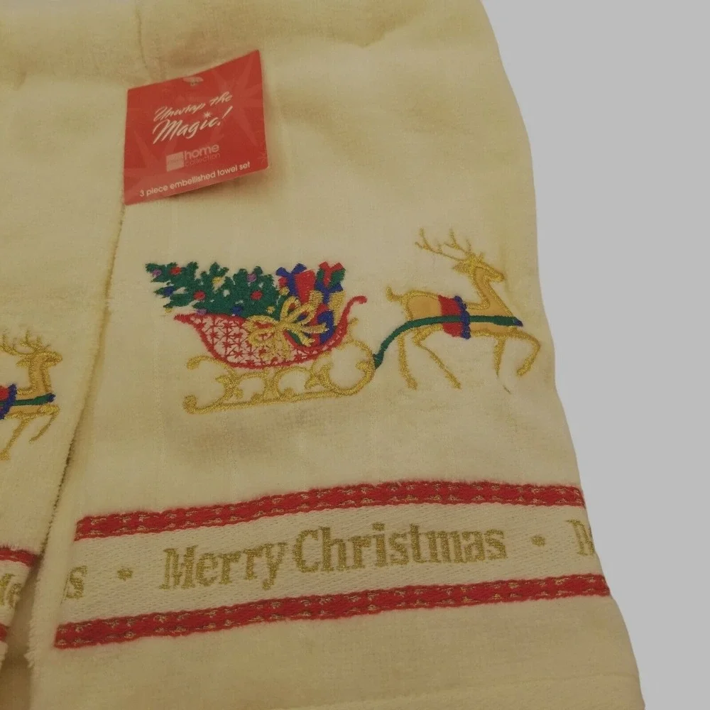 Home Collection Towel Set Unisex OS Vintage Christmas Beige Reindeer Sleigh 3pc